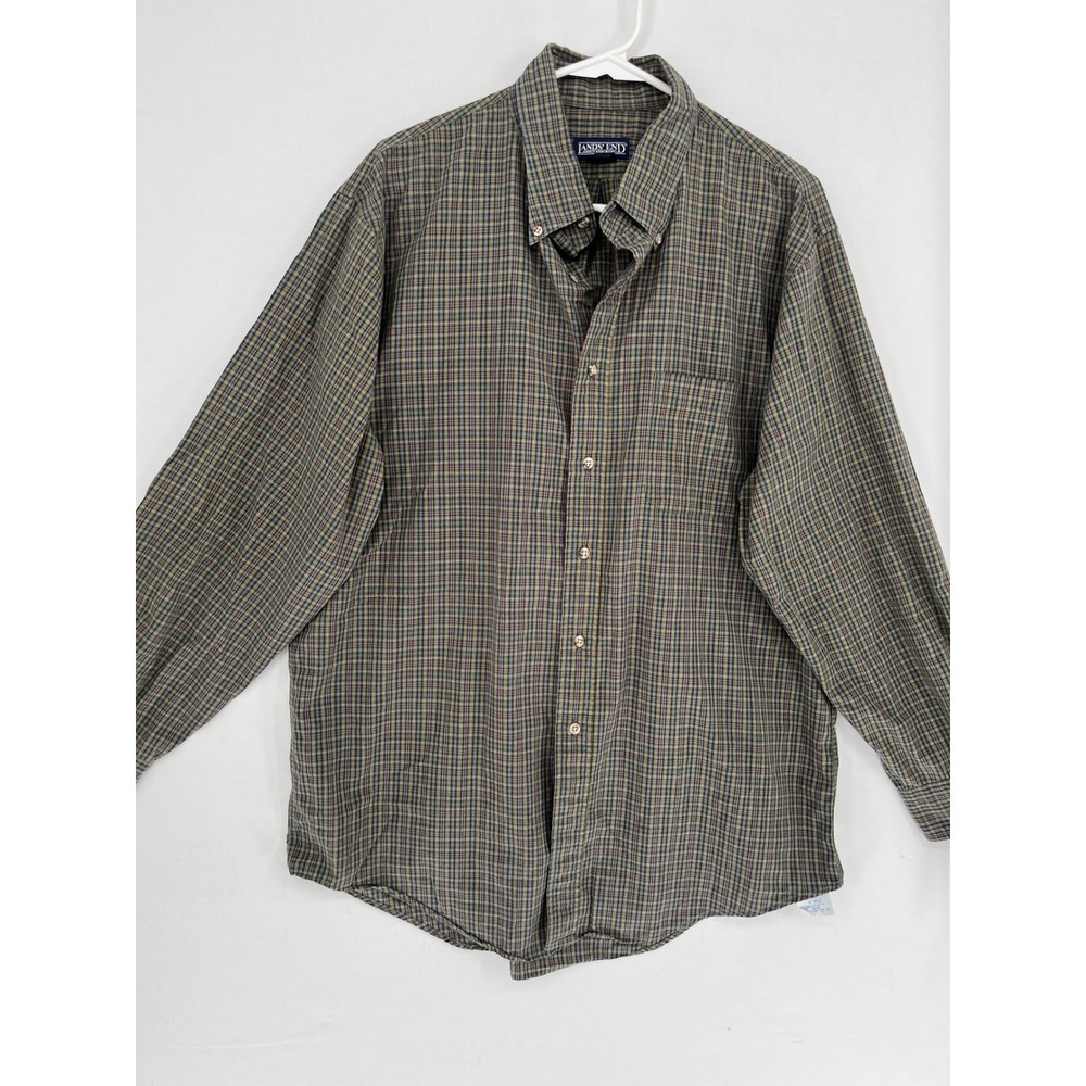 Lands End Plaid Button Down Shirt Mens 16.5-33 Regular Green Long Sleeve Cotton